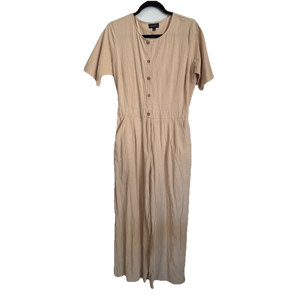 ROOLEE Beige‎ Short Sleeve Button Front Jumpsuit One-Piece Size L